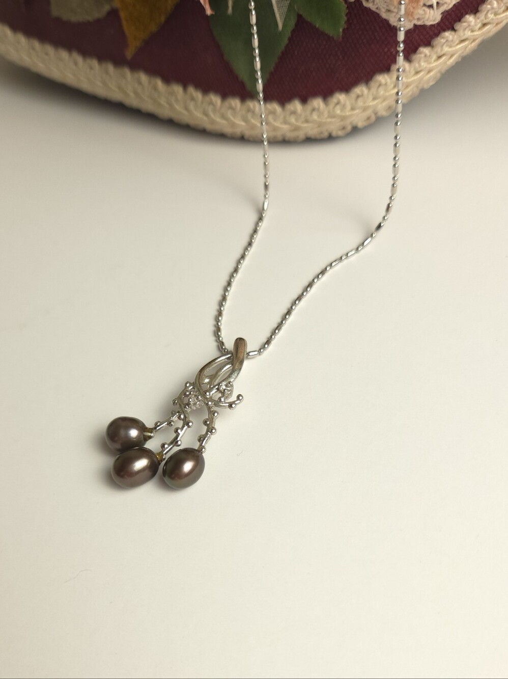 18K White Gold Plated Genuine Brown Pearl & Crystal Pendant Necklace Marked 750 - Picture 10 of 12